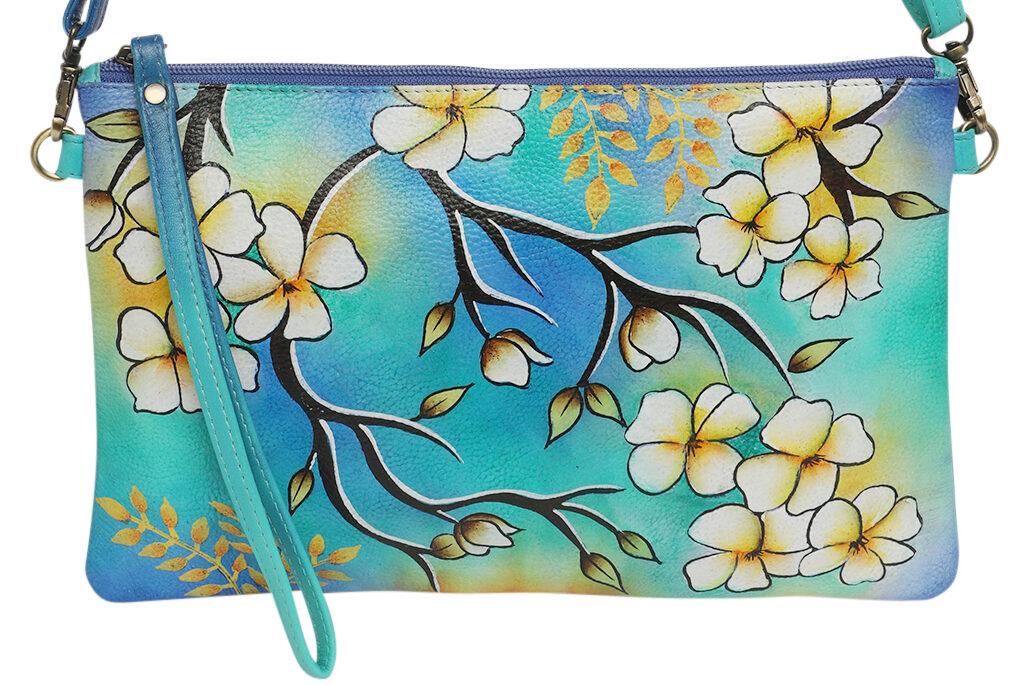 Ladies  Leather Shoulder/Cross Body, Wristlet Hand painted – New Arrivals 3192 Frangipanni