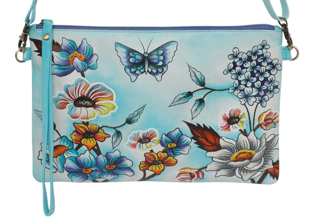 Ladies  Leather Shoulder/Cross Body, Wristlet Hand painted – New Arrivals 3192 Blue Butterfly