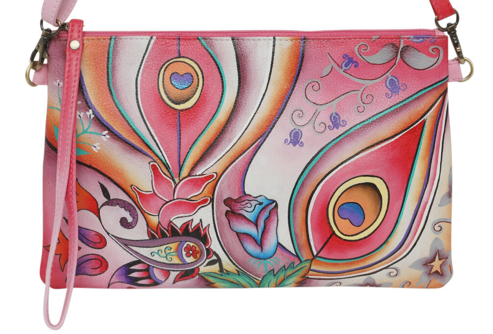 Ladies  Leather Shoulder/Cross Body, Wristlet Hand painted – New Arrivals 3192 Pink Montage