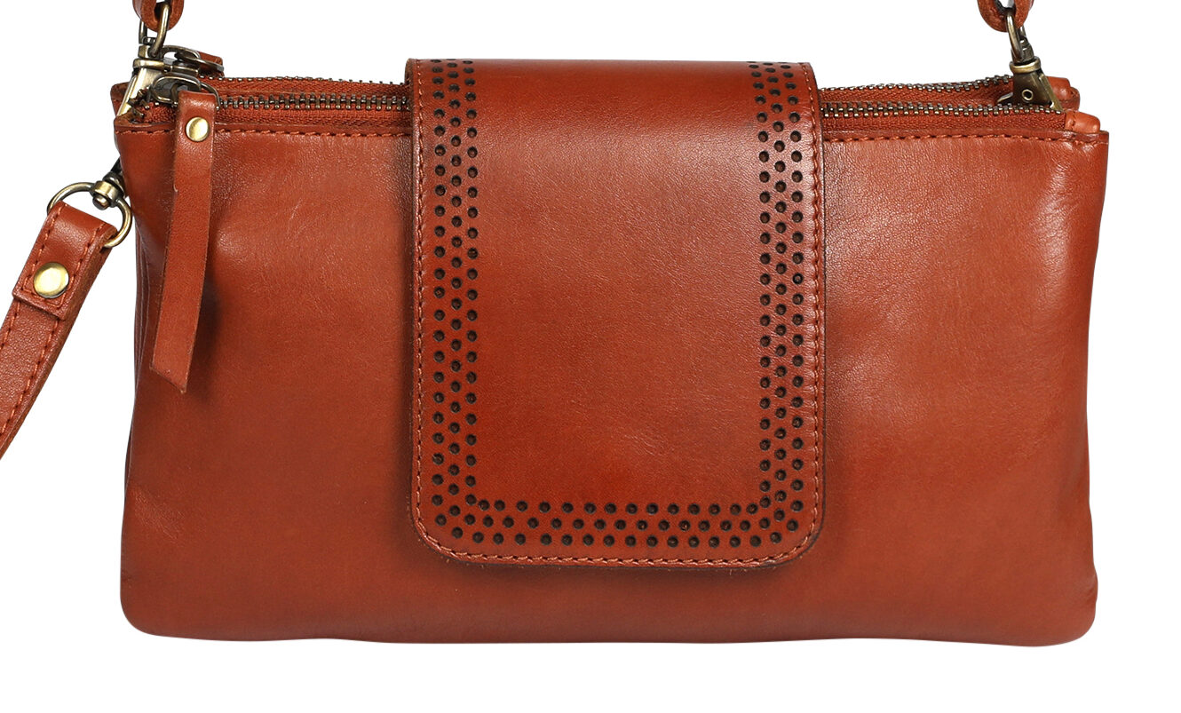 Ladies Leather Wristlet and Leather Cross Body Style 7899 Cognac